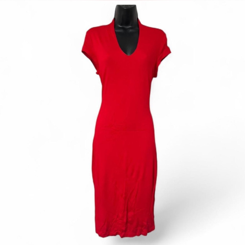 DVF Red V Neck Cap Sleeve Stretch Dress